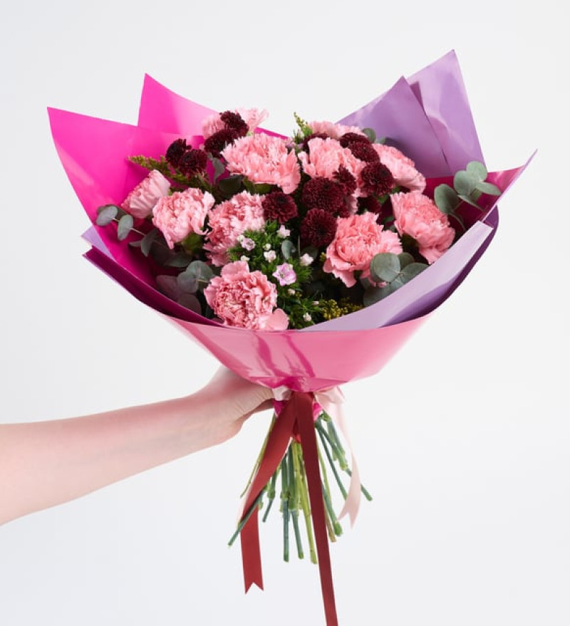 Lila Bukette Pembe Karanfiller ve Bordo Krizantem