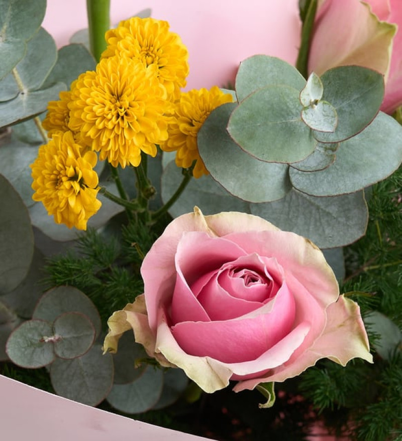 Pembe Bukette Pembe Güller ve Sarı Top Krizantemler